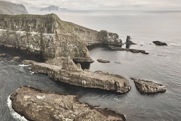 Νησιά Φερόε Δραματική Ακτογραμμή Από Ελικόπτερο Βραχώδη Βράχια Mykines — Φωτογραφία Αρχείου