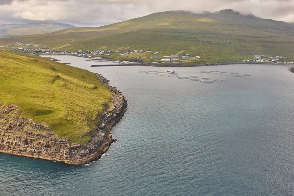 Isole Faroe Costa Drammatica Vagar Elicottero Lago Leitisvatn — Foto Stock