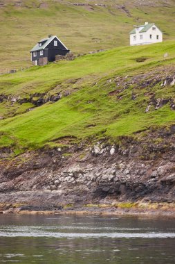 Rocky sahili Faroe yeşili manzarası ve geleneksel resimli evler. Nordic