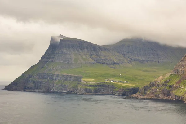 Faroe Islands Dramatic Coastline Viewed Helicopter Gasaladur Village — Stock Photo, Image