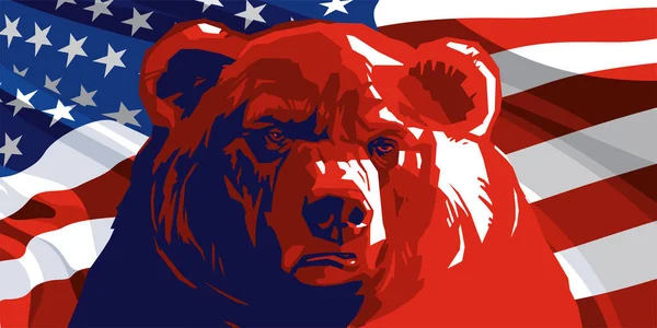 Urso irritado e bandeira americana — Vetor de Stock