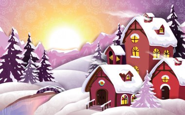 Bir şekilde dekore edilmiş karlı kış Köyü