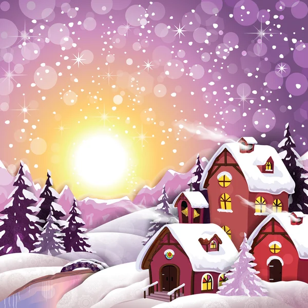 Pueblo de invierno nevado decorado Ilustración De Stock