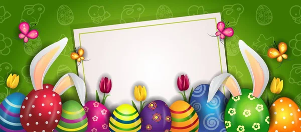 Vrolijk Pasen Banner met konijnen-oren en blad — Stockvector