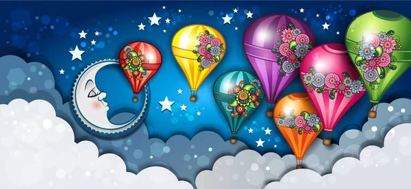 Banner měsíc a horkovzdušné balóny květinové — Stockový vektor