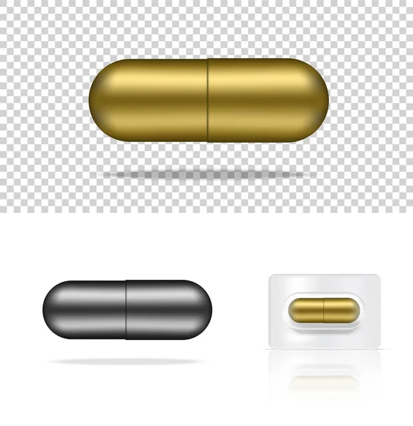 Mock Realistic Pill Medicine Gold Silver Capsule Panel White Background — Archivo Imágenes Vectoriales