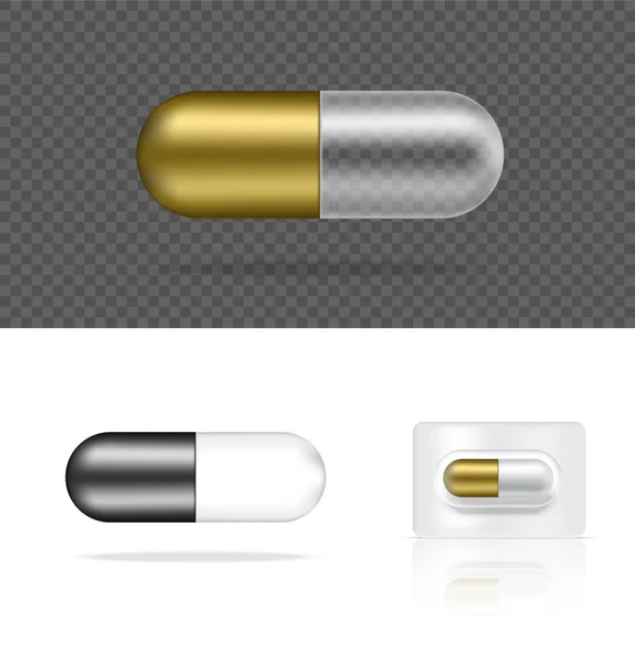 Mock Realistic Transparent Pill Medicine Gold Silver Capsule Panel White — Stock Vector