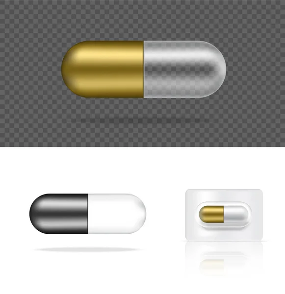 Mock Realistyczne Przezroczyste Pigułki Medycyny Złoto Srebrny Panel Kapsułki Białym — Wektor stockowy