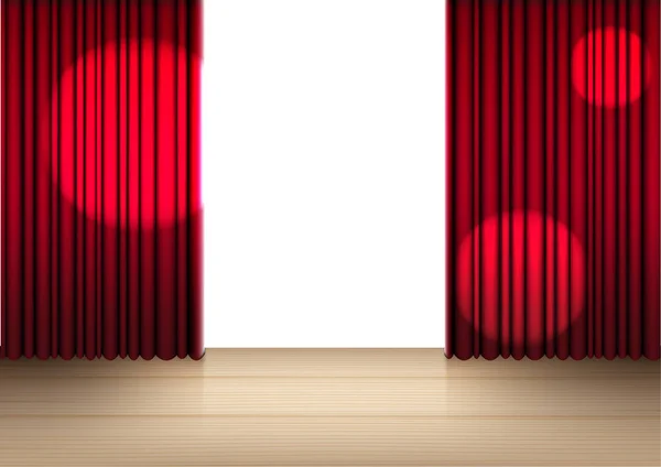 Макет Реалистичный Открытый Красный Занавес Деревянной Сцене Кино Шоу Концерта — стоковый вектор