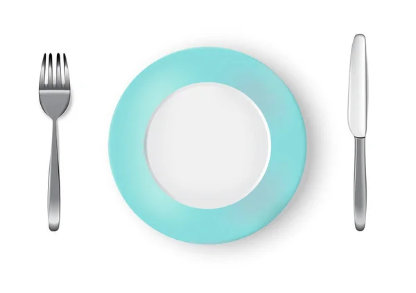 Mock Realistic Pastel Blue Plate Dish Cuchillo Metal Tenedor Mesa — Archivo Imágenes Vectoriales