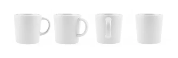 Fehér bögrék különböző oldalról, Üres kerámia csésze elszigetelt W — Stock Fotó