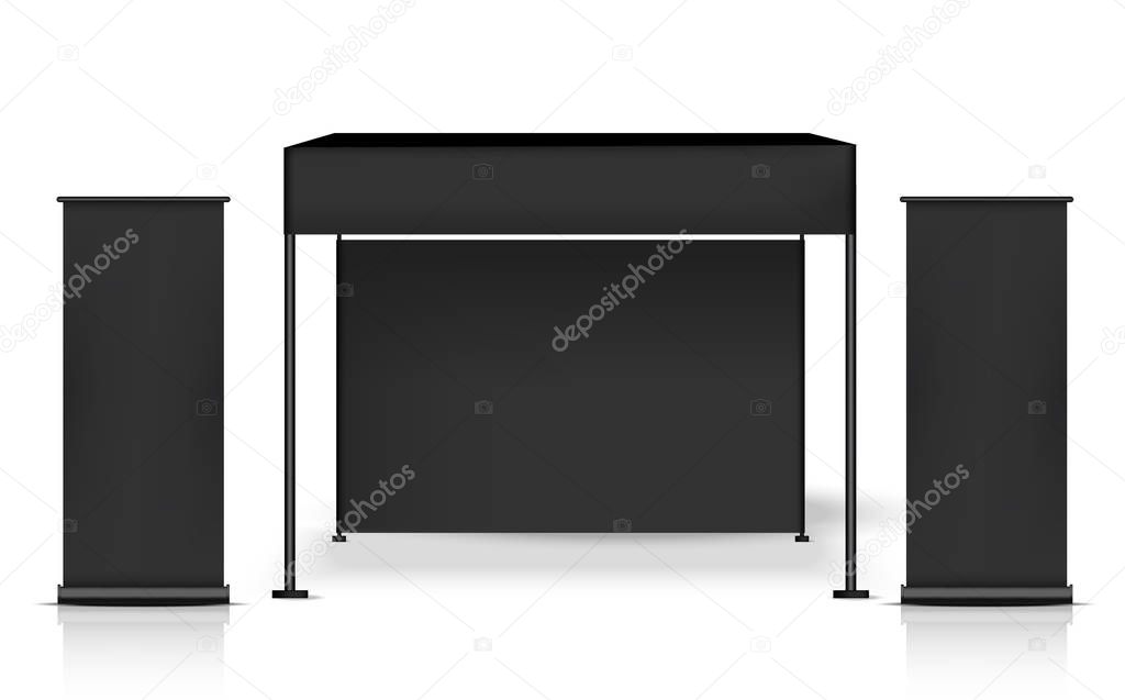 3D Mock up Realistic Tent Kiosk Booth With Banner POP for Sale Marketing Promotion on white Background Illustration. Event and Exhibition Concept Design.