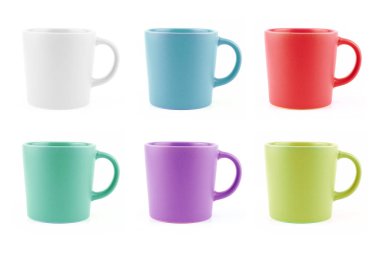 Renkli Kupalar Seti, Beyaz Arka Grou 'da izole edilmiş Boş Seramik Kupa