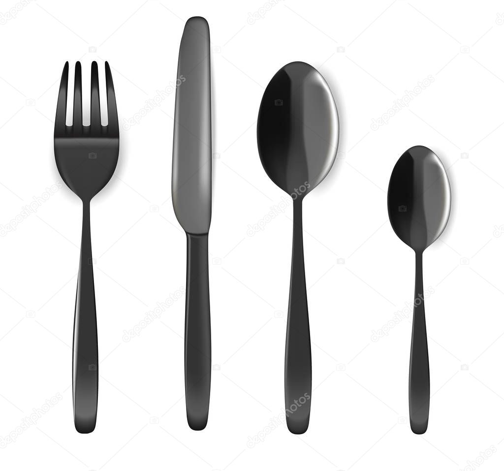 Mock up Realistic Black Spoon, Fork And Knife on Dining Table for food isolated on white Background.