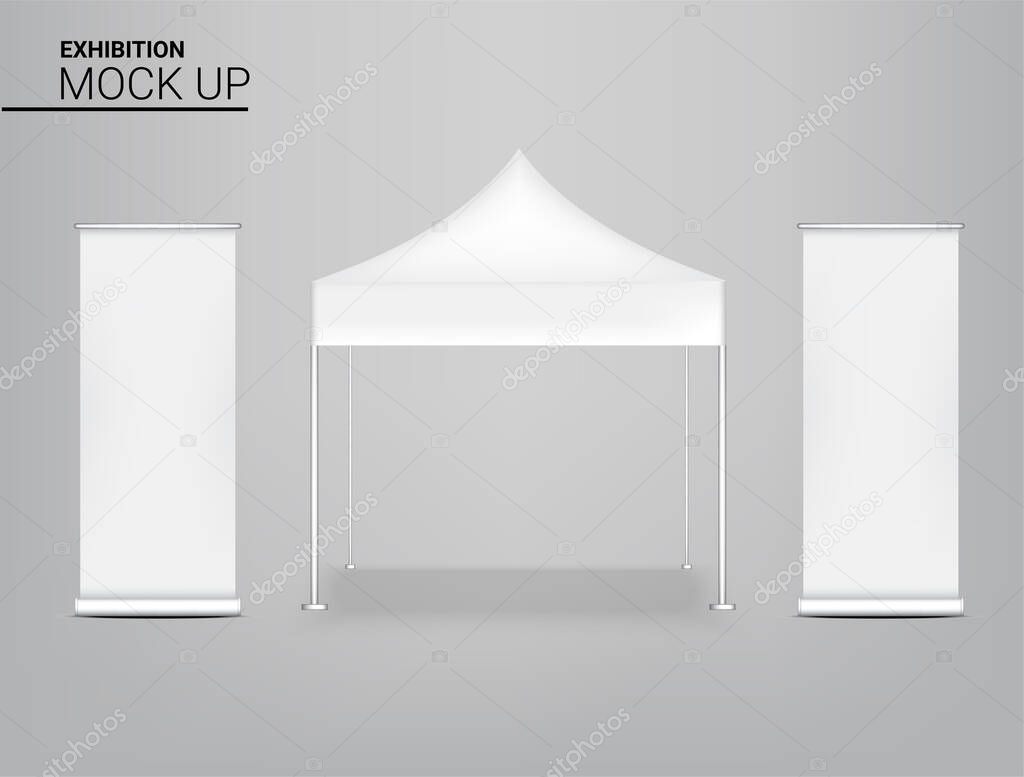 3D Mock up Realistic Tent Kiosk Booth With Banner POP for Sale Marketing Promotion on Background Illustration. Event and Exhibition Concept Design.