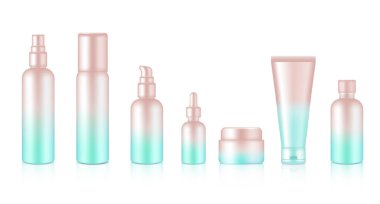 Püskürtme Şişesi Gerçekçi Gül Altın Pastel Kozmetik Sabun, Şampuan, Krem, Yağ Dökücü Seti Skincare Ürün Arkaplan Resimleri için. Sağlık ve Tıp Konsepti Tasarımı.