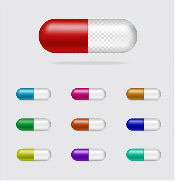 Simular Realistas Píldoras Transparentes Medicina Cápsula Panel Sobre Fondo Blanco — Archivo Imágenes Vectoriales