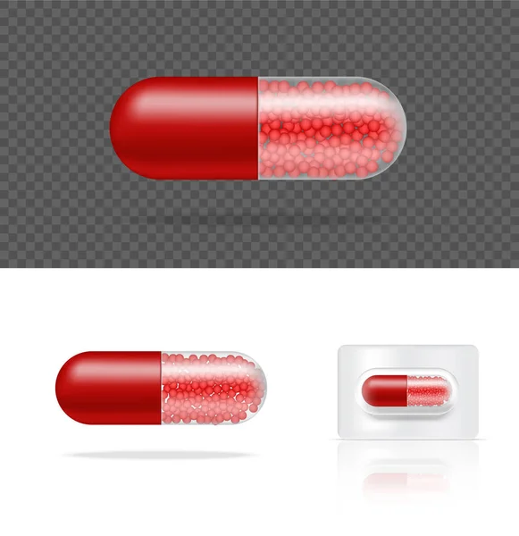 Fingere Realistico Trasparente Pillola Medicina Capsula Pannello Sfondo Bianco Vettoriale — Vettoriale Stock