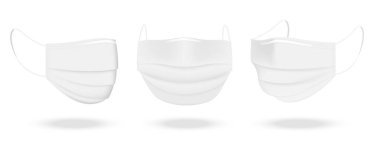 Cerrahi maske ve Virüs Koruma kutusu beyaz arka planda izole edildi. Güvenli Solunum, Sağlık ve Tıbbi Tasarım.