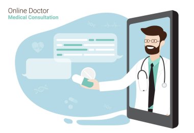 Akıllı telefon ekranı, Doktor 'la mesajlaşırken görüntülendi ve çevrimiçi bir konsültasyon yapıldı. Vektör düz çizim. Sancak, Poster ve Reklam Arkaplanı İçin Sağlık ve E-Tıbbi Konsept Tasarımı.