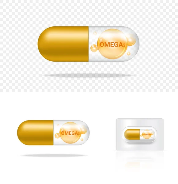 Moquerie Réaliste Transparent Pilule Vitamine Omega3 Médecine Capsule Panneau Sur — Image vectorielle