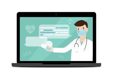 Bilgisayarlı bilgisayar ekranı, Doktor 'la mesajlaşırken görüntülendi ve çevrimiçi konsültasyon yapıldı. Vektör düz çizim. Sancak, Poster ve Reklam Arkaplanı İçin Sağlık ve E-Tıbbi Konsept Tasarımı.