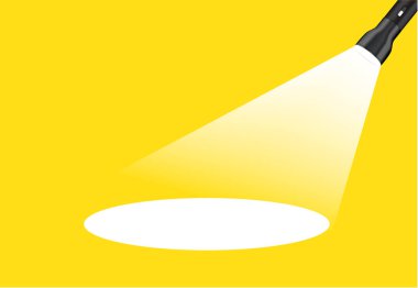 Banner Vector Illustration 'da projeksiyonlu 3D Flashlight. Mesajın için yer aç. Nesne Soyut Arkaplan Tasarımı.