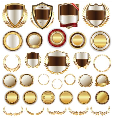 Ortaçağ altın kalkanları defne çelenkleri ve rozet koleksiyonu