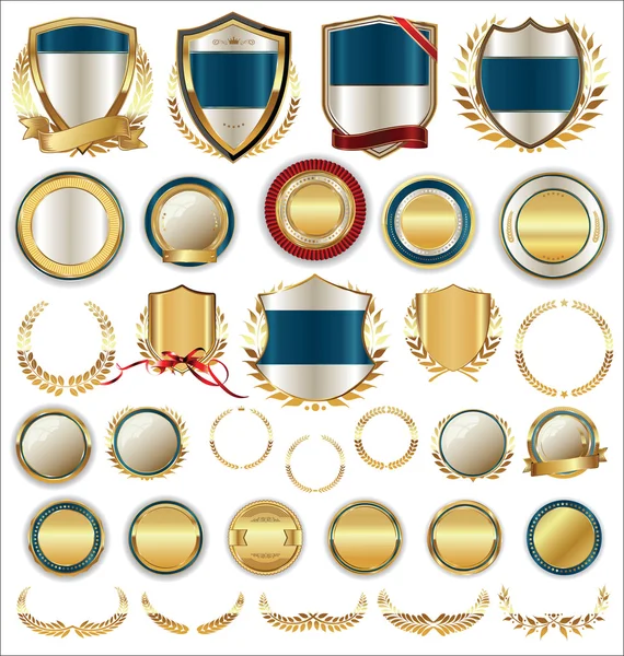 Vecteur médiéval boucliers d'or collection de couronnes de laurier et badges — Image vectorielle