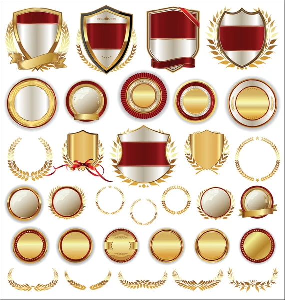 Vector medieval golden shields laurel wreaths and badges collection — Stock Vector