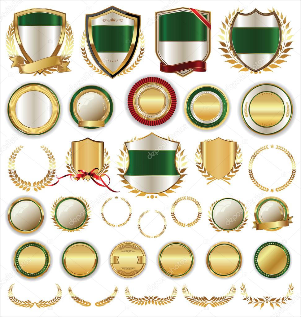 Vector medieval golden shields laurel wreaths and badges collection