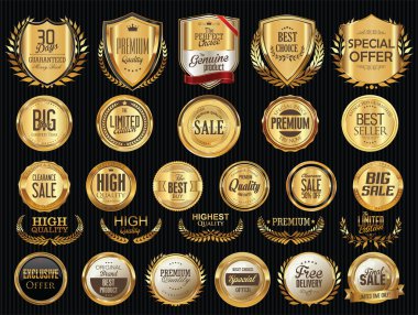 Altın kalkanlar defne çelenkleri ve rozet koleksiyonu