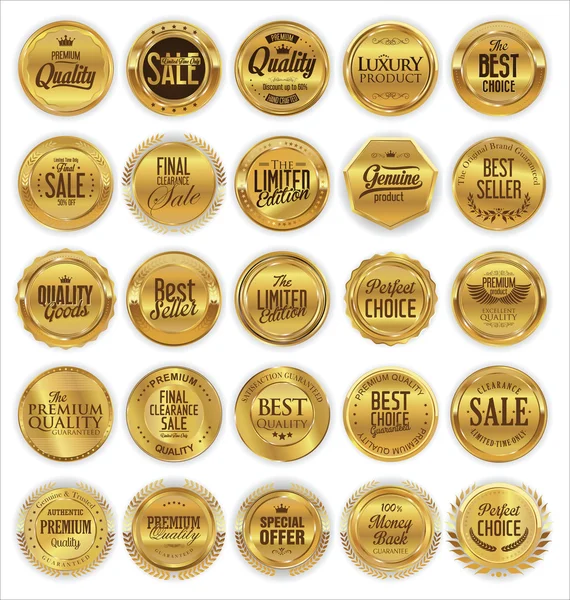 Zlaté retro odznaky a vavřínové věnce kolekce — Stockový vektor
