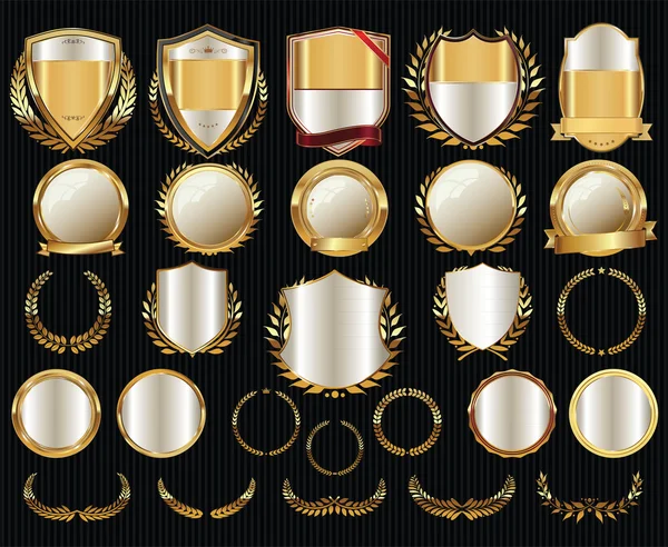 黄金の盾月桂冠とバッジコレクション — ストックベクタ
