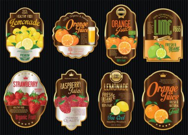 Organik meyve retro vintage altın etiketleri koleksiyonu kümesi