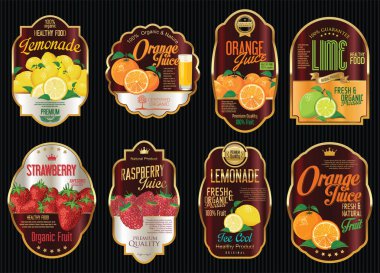Organik meyve retro vintage altın etiketleri koleksiyonu kümesi