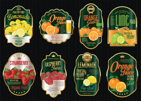 Organik meyve retro vintage altın etiketleri koleksiyonu kümesi — Stok Vektör