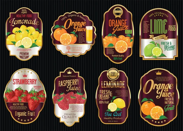 Set of organic fruit retro vintage golden labels collection — Stock Vector