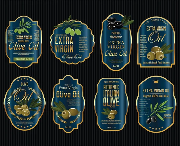 Olio d'oliva retro vintage oro e nero etichette collezione — Vettoriale Stock