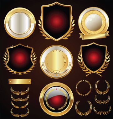 Ortaçağ altın kalkanları defne çelenkleri ve rozet koleksiyonu