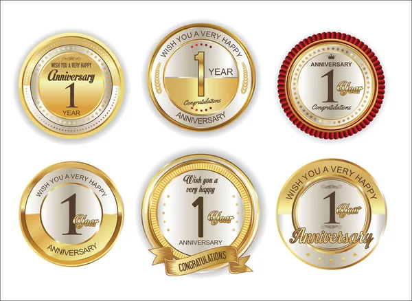 Anniversario retrò vintage golden badges collezione 1 anno — Vettoriale Stock