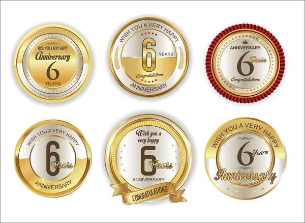 Verjaardag retro vintage gouden badges collectie 6 jaar — Stockvector