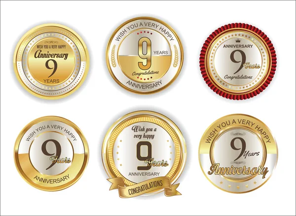 Anniversario retrò vintage golden badges collezione 9 anni — Vettoriale Stock