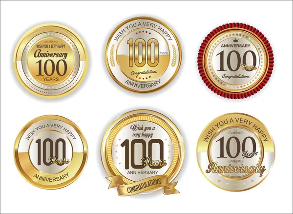 Verjaardag retro vintage gouden badges collectie 100 jaar — Stockvector