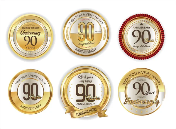 Aniversario retro vintage insignias de oro colección 90 años — Archivo Imágenes Vectoriales