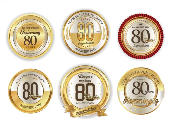 Verjaardag retro vintage gouden badges collectie 80 jaar — Stockvector