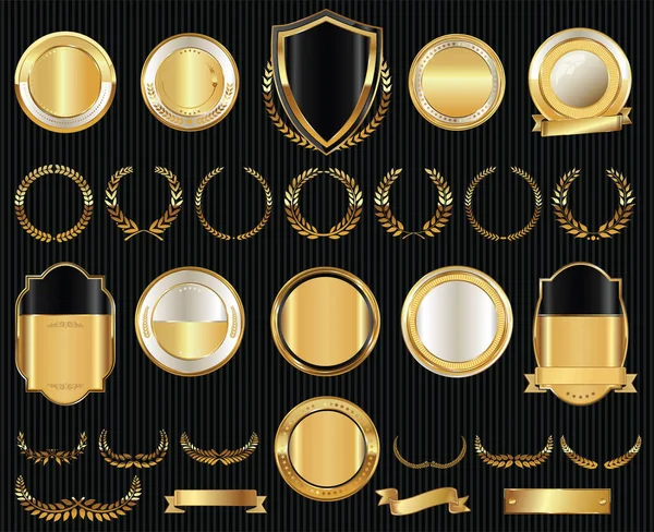 ベクトル中世の黄金の盾月桂冠とバッジコレクション — ストックベクタ