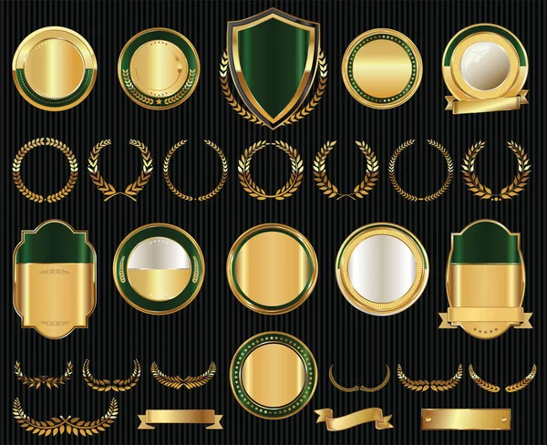 Vecteur médiéval boucliers d'or collection de couronnes de laurier et badges — Image vectorielle