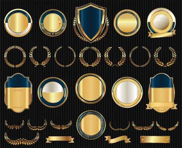 Vector middeleeuwse gouden schilden laurierkransen en badges collectie — Stockvector