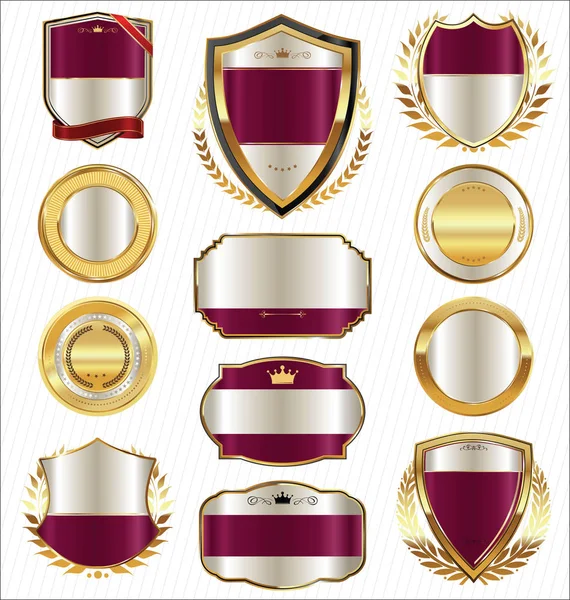 Golden shields laurel wreaths and badges collection — Stock Vector